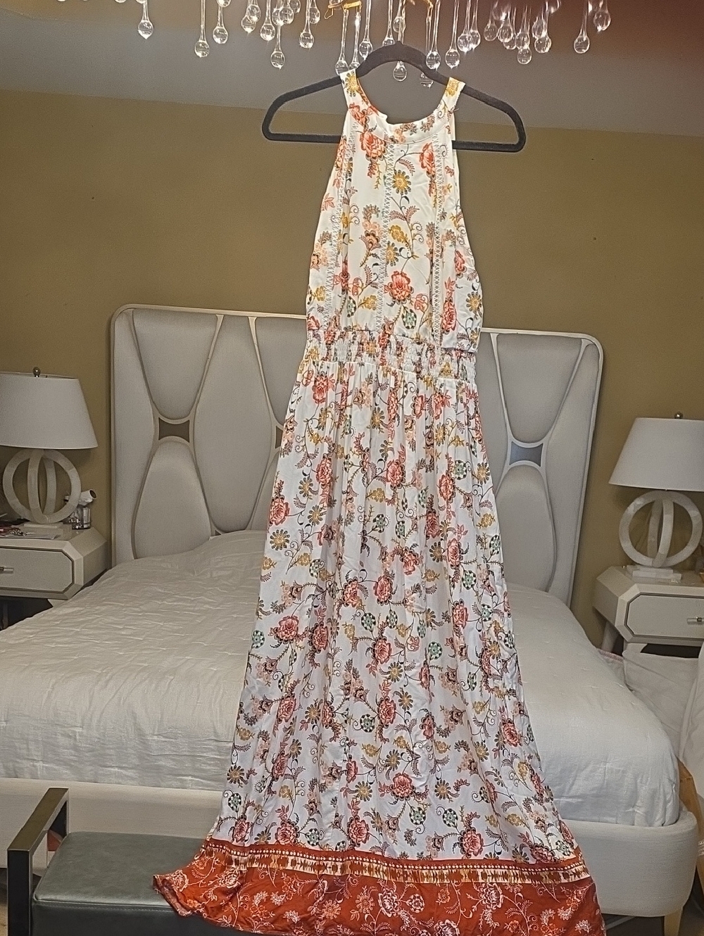 A Beautiful Soul Sleeveless Rayon Floral Halter Maxi Dress in White and Rust XL